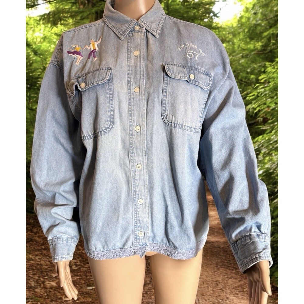 VTG American Rave Blue Denim Long Sleeve Class 57 Embroidered Couple Dancing XL